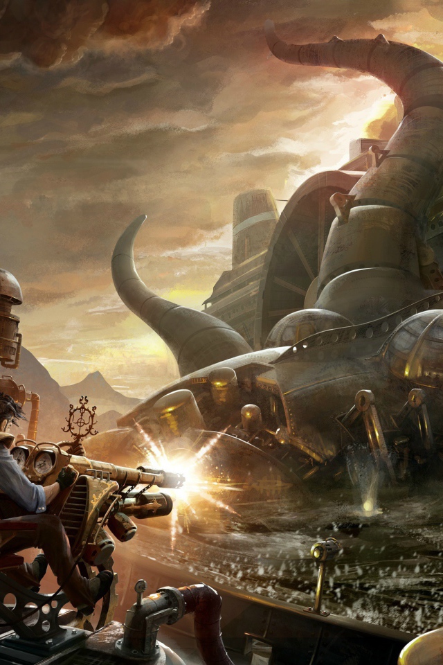 Борьба с металлическим монстром стимпанк