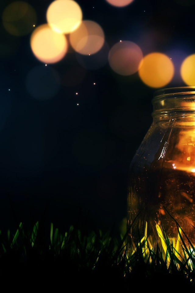 Стеклянная банка на траве ночью