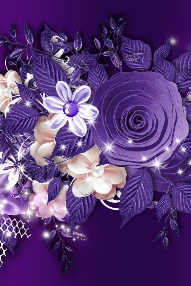 Фиолетовые розы и другие цветы на фиолетовом фоне