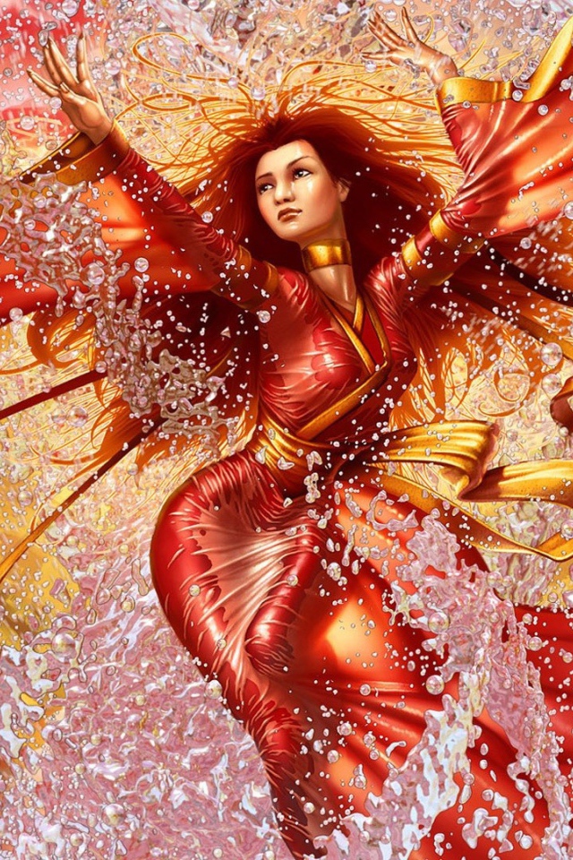 	   The girl in the red dress and splashing water
