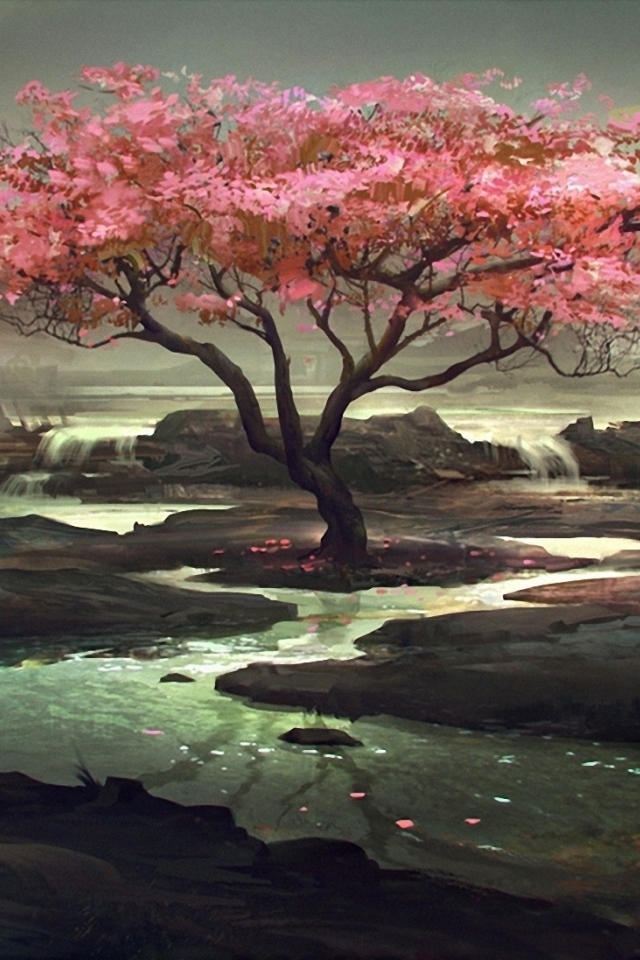 Цветущее дерево на мрачной природе