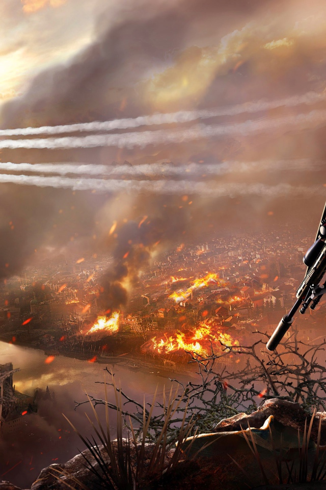 Снайпер смотрит на горящий город