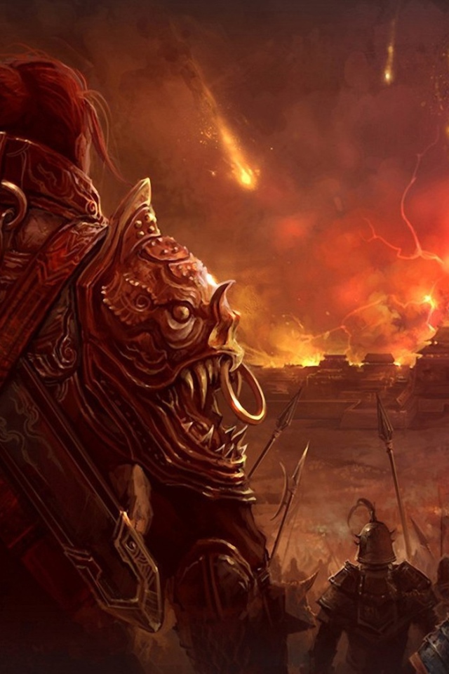 Воины смотрят на горящий город