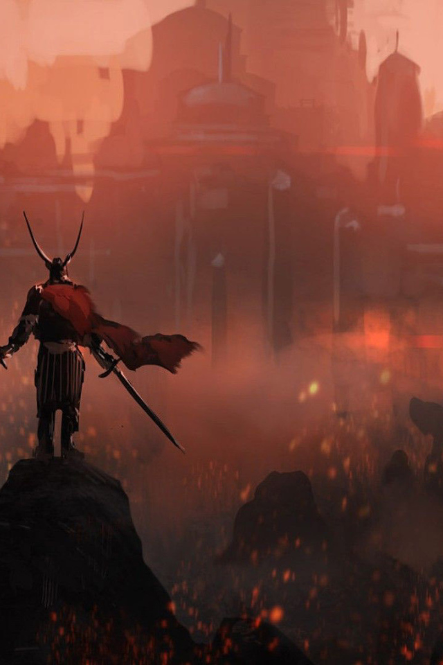 Викинг на фоне горящего города