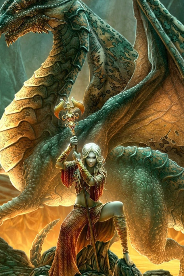 Дракон и колдунья с жезлом