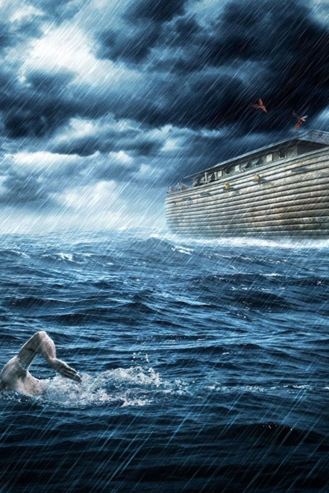 Человек плывет в океане у Ноева ковчега