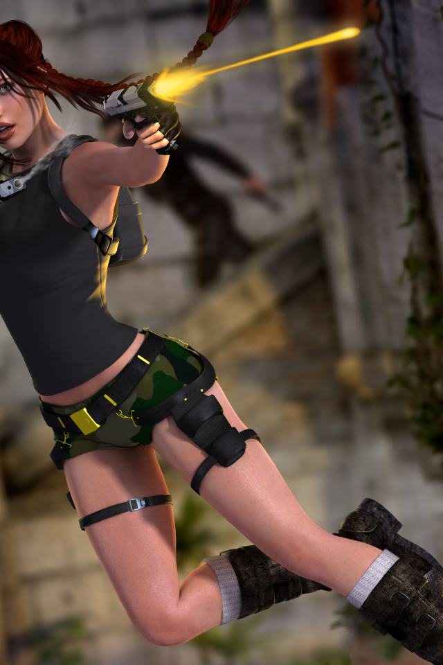 Лара стреляет в прыжке