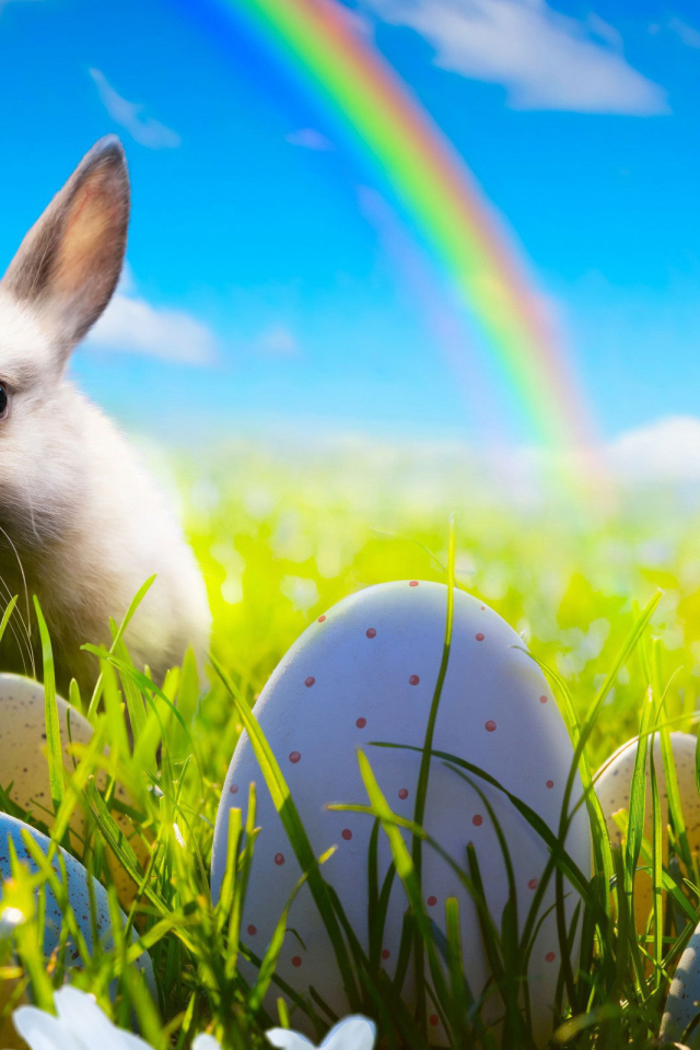 Кролик на фоне радуги на Пасху