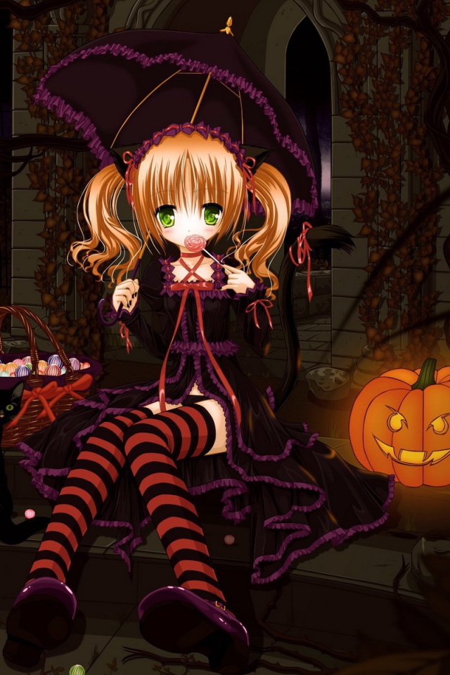 Девочка с зонтиком у тыквы