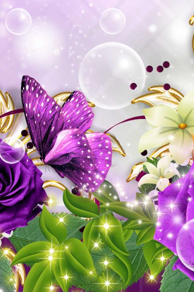 Фиолетовые розы и бабочка, картинка на восьмое марта