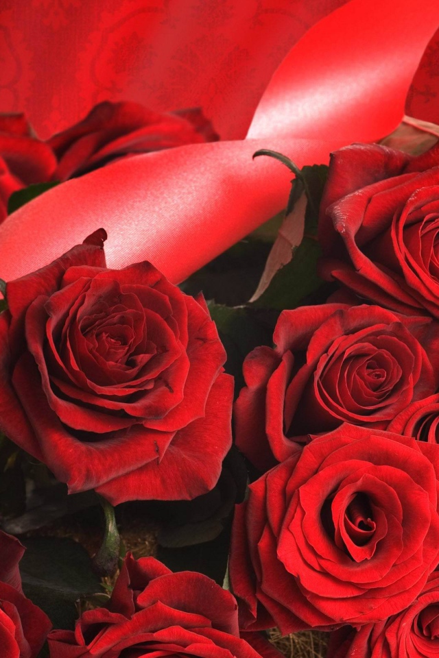 Красные розы на 8 марта с красными лентами