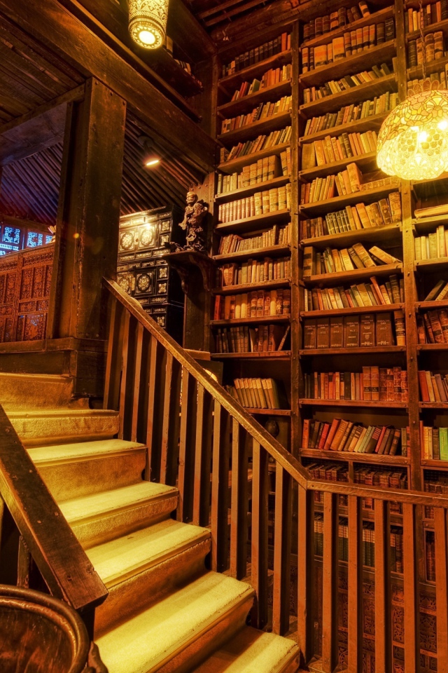 Полки с книгами в библиотеке