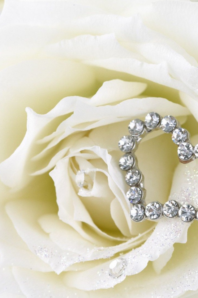 Белые розы и сердце из белых драгоценных камней