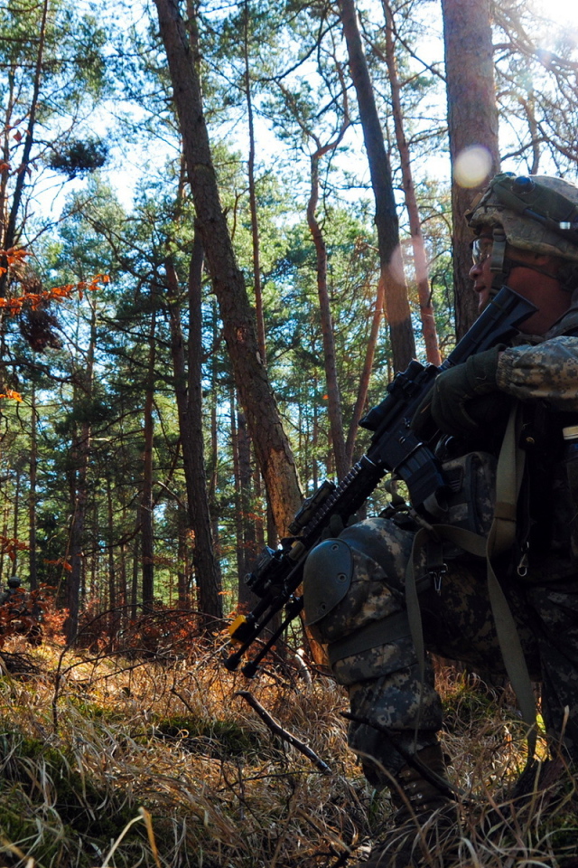 Солдат прячется за деревом