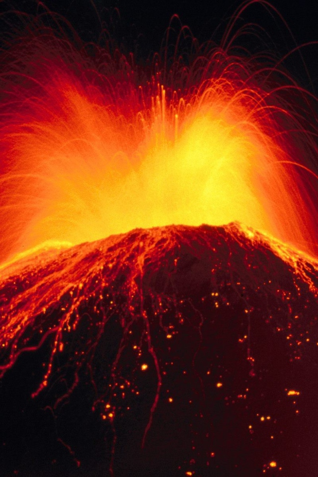 	  The eruption of the volcano with lava spray