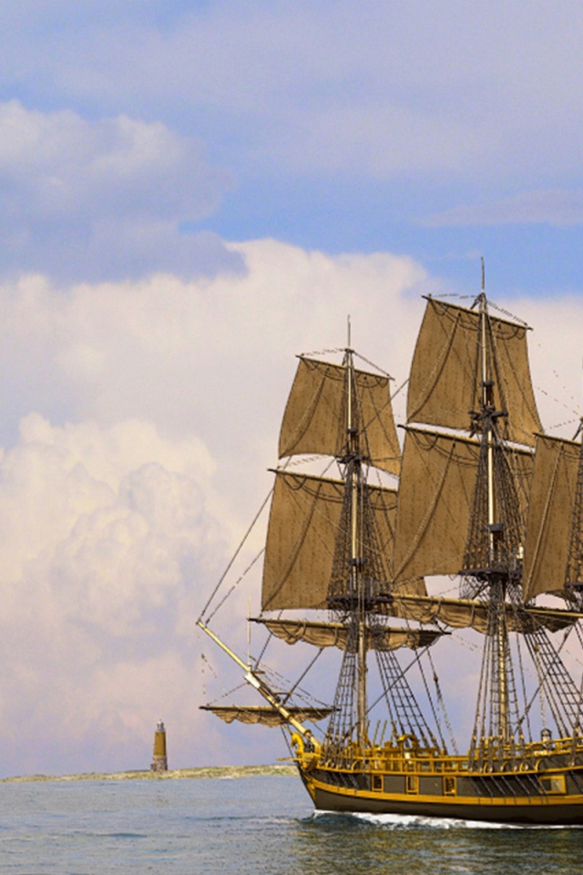 Парусный корабль у маяка