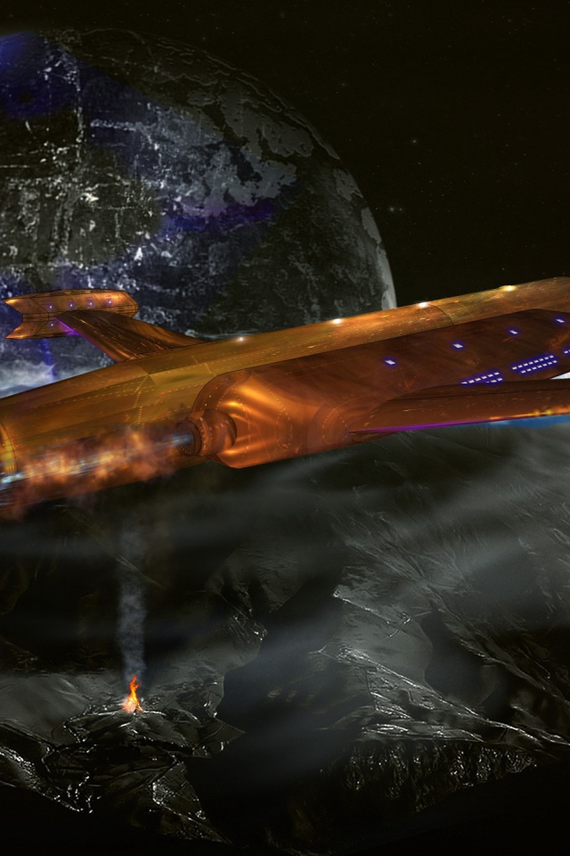 Космический корабль пролетает над планетой