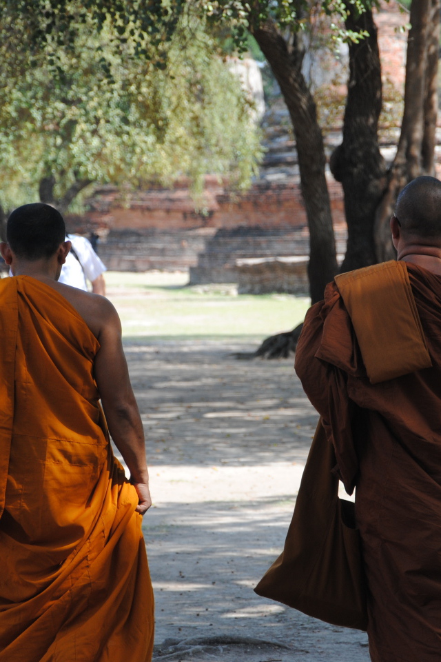 Буддийские монахи на улице на курорте Аютайя, Таиланд