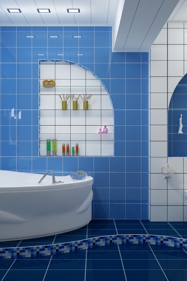 Бело голубой кафель в ванной комнате