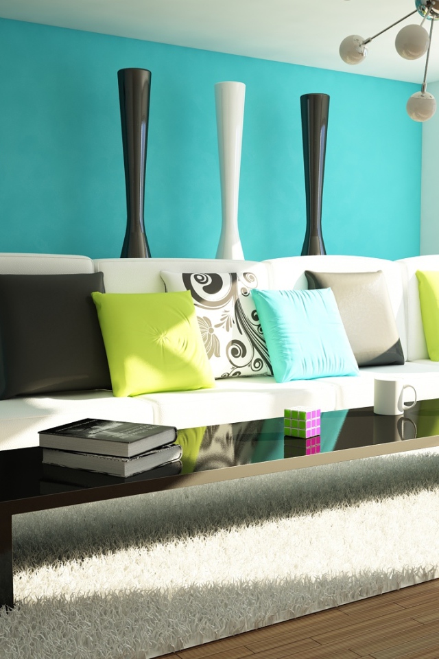 Голубая стена в гостиной