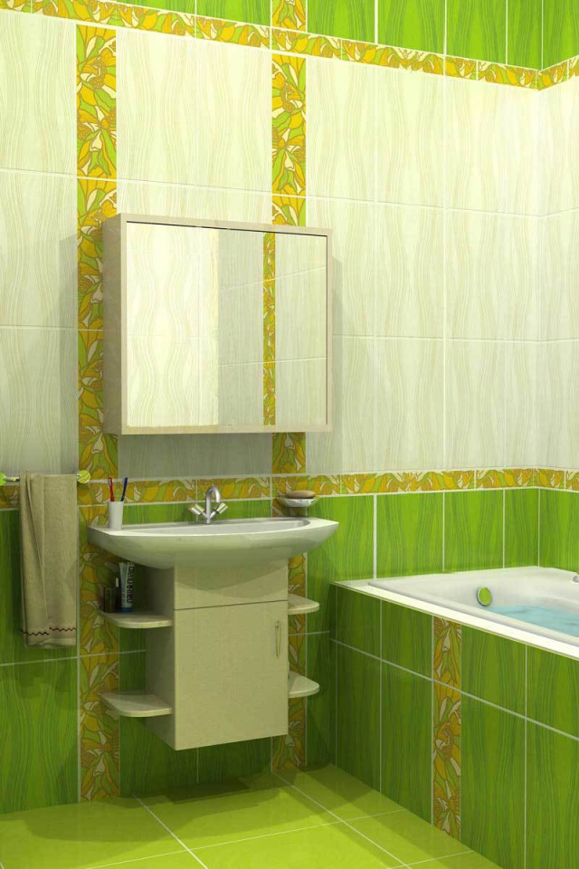 Зеленый и белый кафель в ванной