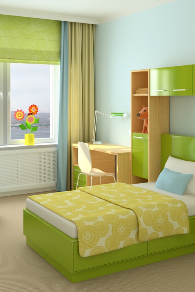 Зеленая кровать в детской комнате