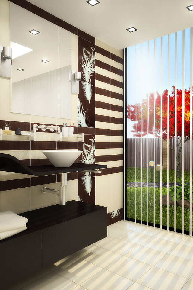 Красное дерево за окном ванной