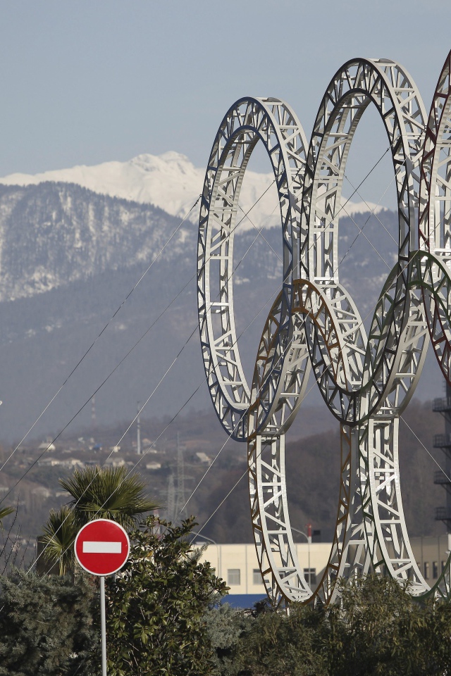 Olympic rings on a background of mountains in the Sochi 2014