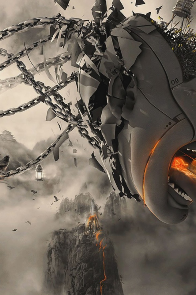 Летающая голова с цепями, 3-Д графика