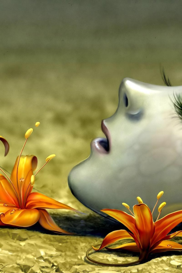 Лицо девушки среди цветов, 3Д графика