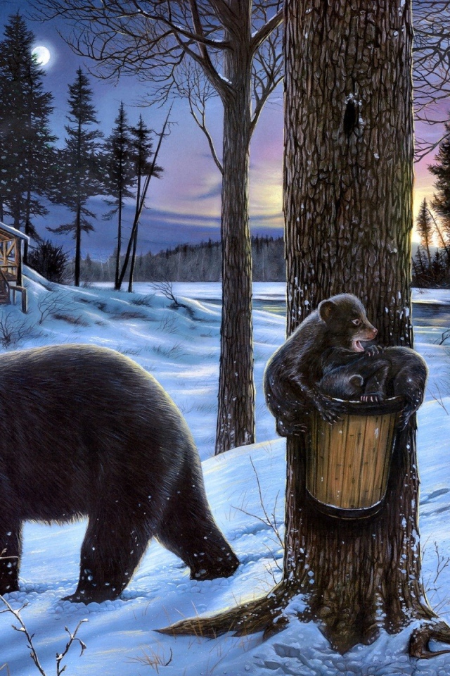 Медведица с медвежатами у избы лесника