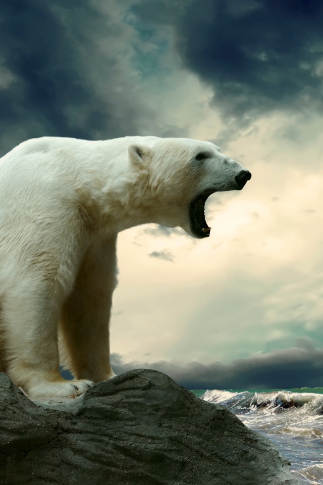 Белый медведь широко открыл пасть