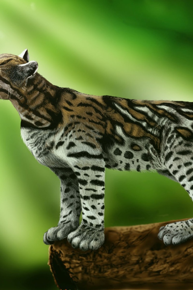 Кот оцелот стоит на зеленом фоне