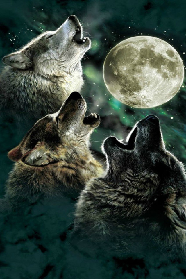 Волки и Луна на зеленом фоне