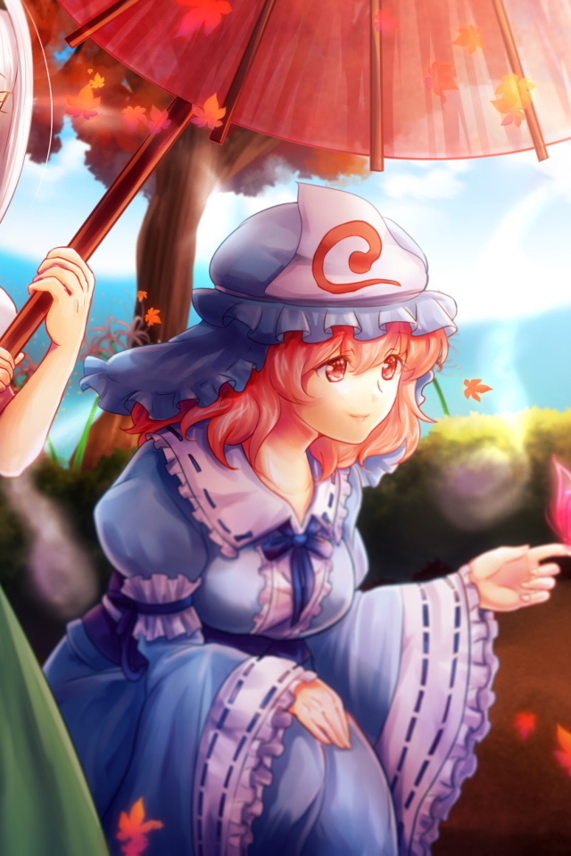 Пара девушек под зонтом в аниме Saigyouji Yuyuko