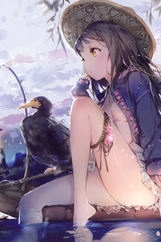 Девушка аниме и утка сидят на лодке