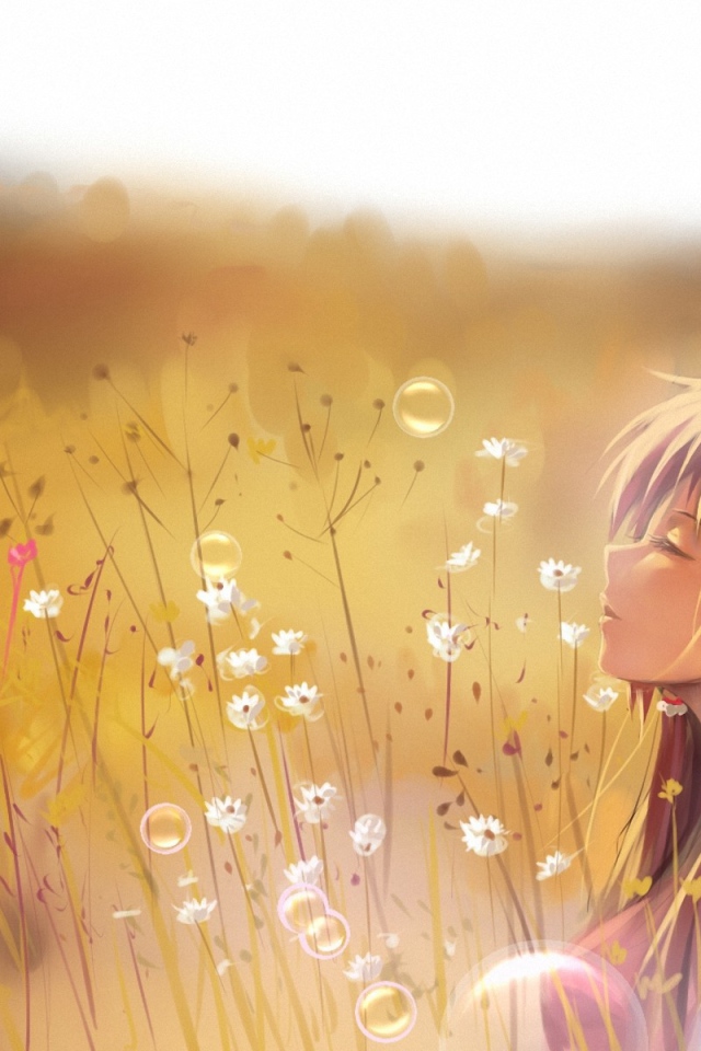 Девушка аниме на природе среди мыльных пузырей