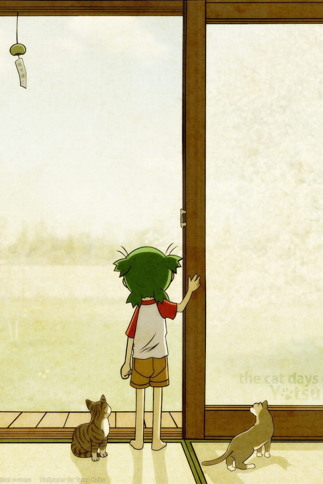 Девочка аниме с котами смотрит в окно