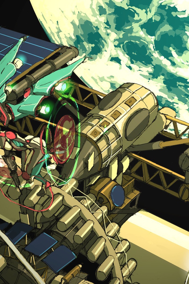 Герои аниме на космической станции над Землей