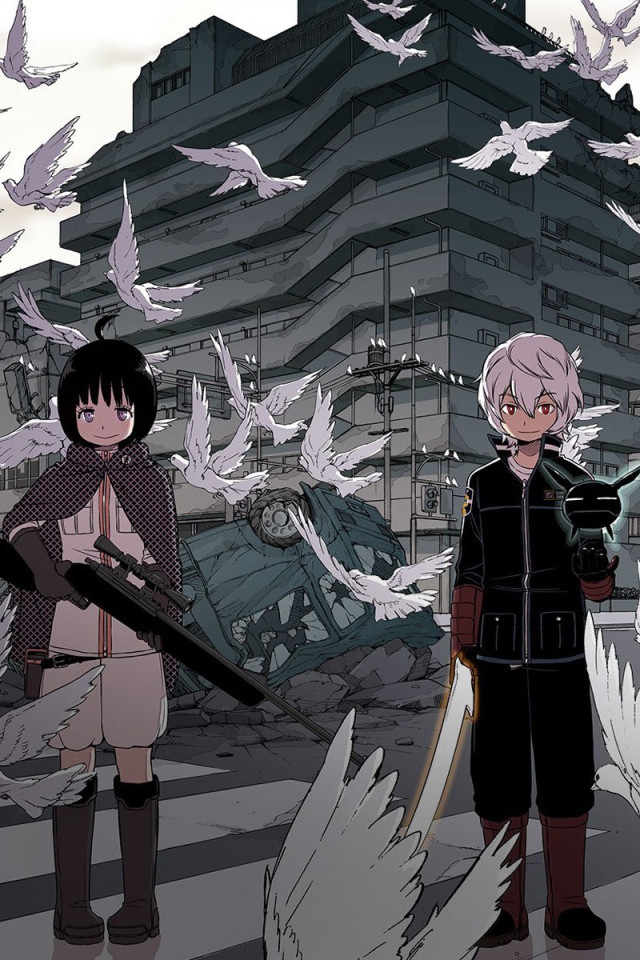 Аниме персонажи с оружием среди голубей