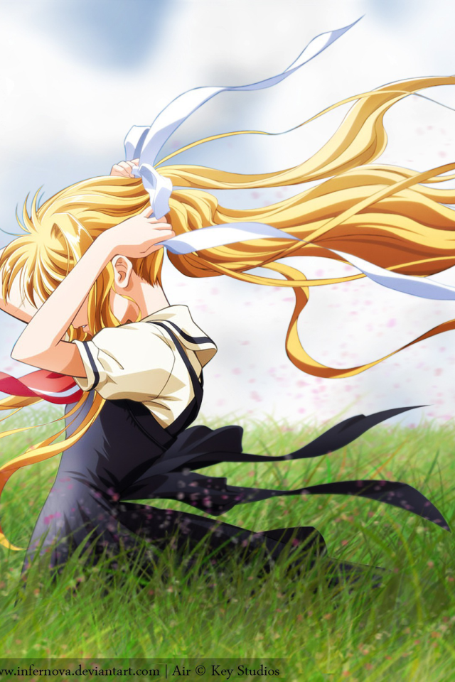 Девушка аниме среди поля в ветреный день