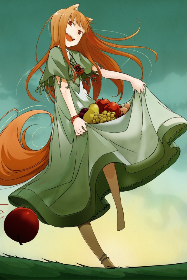 Девушка аниме несет в подоле фрукты