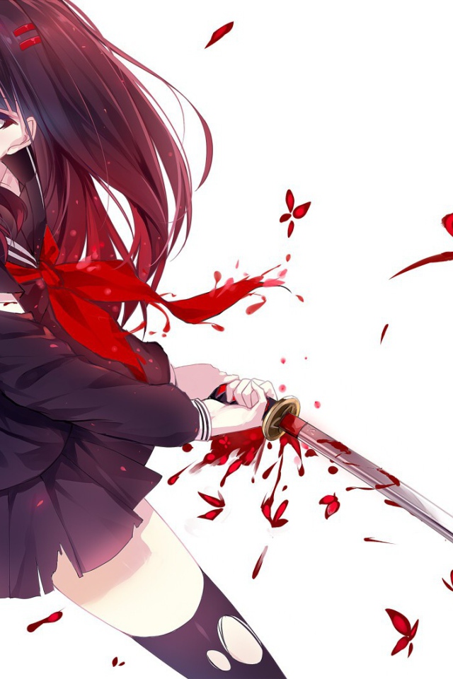 Девушка аниме держит катану с каплями крови