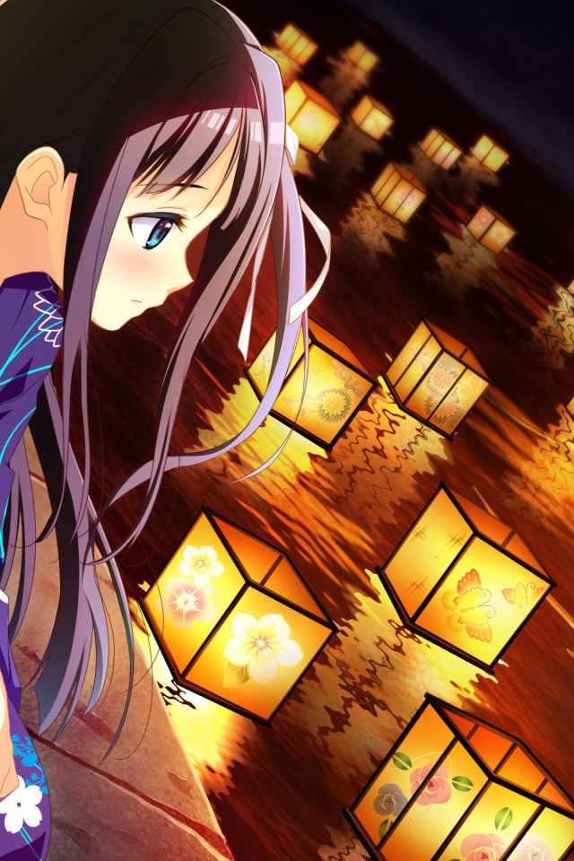 Аниме девушка в кимоно смотрит на фонарики