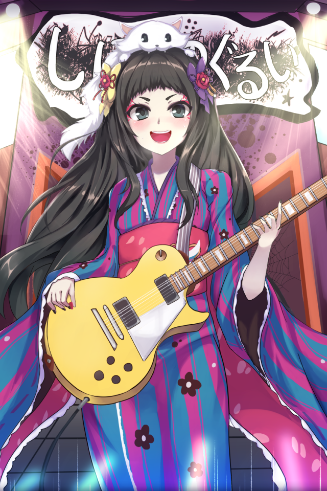 Девушка аниме в кимоно с гитарой