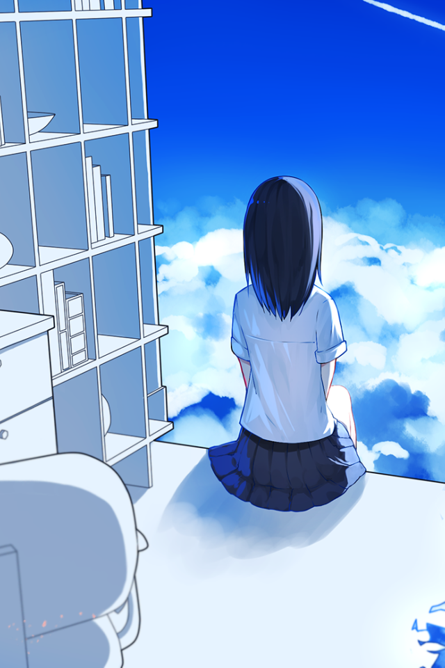 Девушка аниме в разрушенном доме над облаками