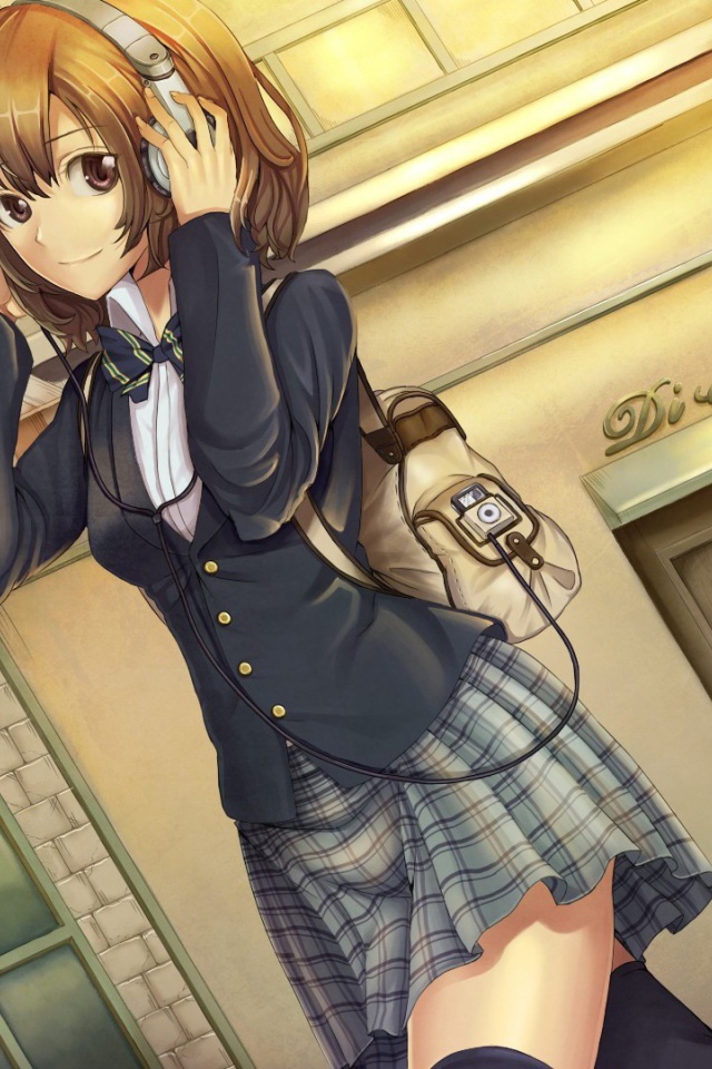 Аниме девушка в наушниках с рюкзаком