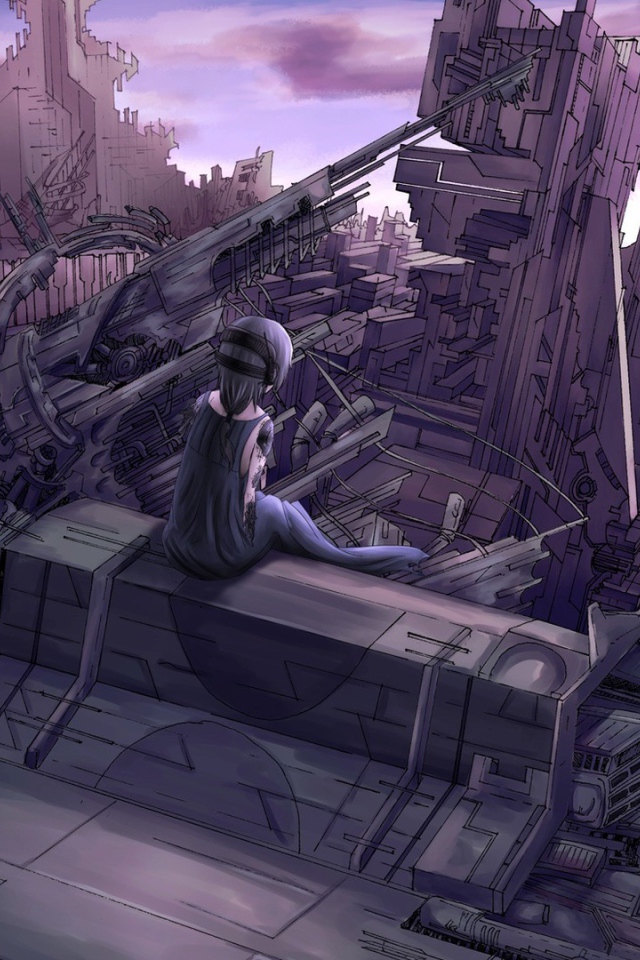 Девушка аниме смотрит на руины города