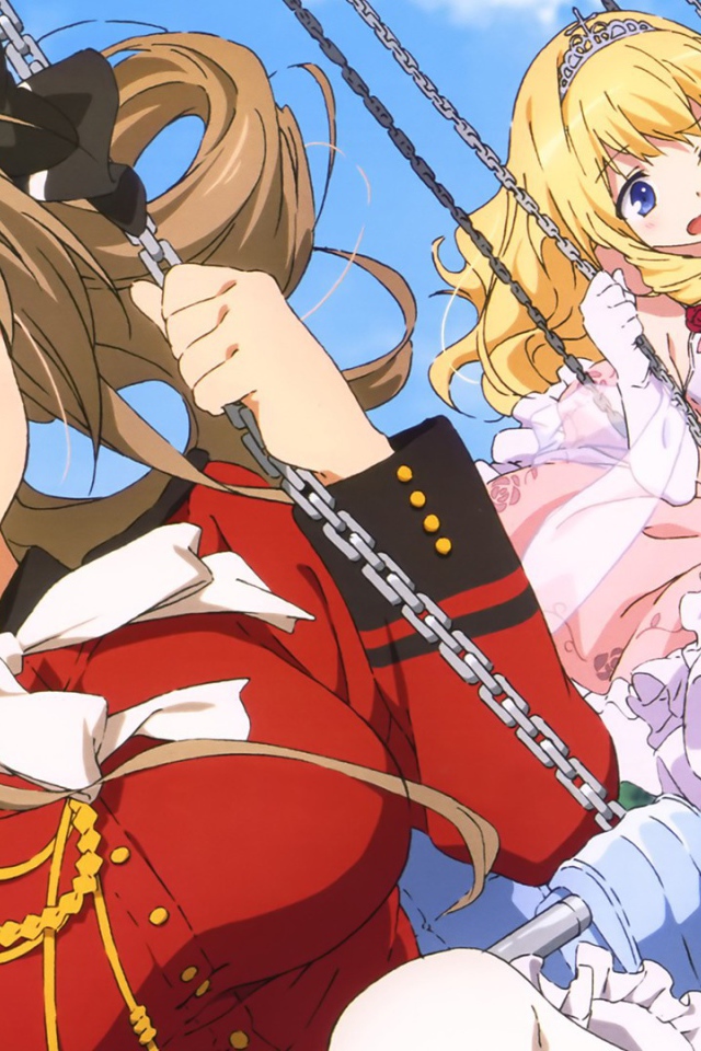 Девушки аниме на качелях в бриллиантовом парке