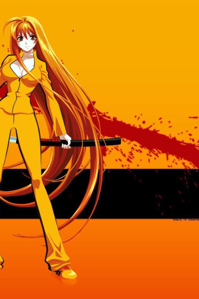 Аниме девушка на оранжевом фоне с катаной